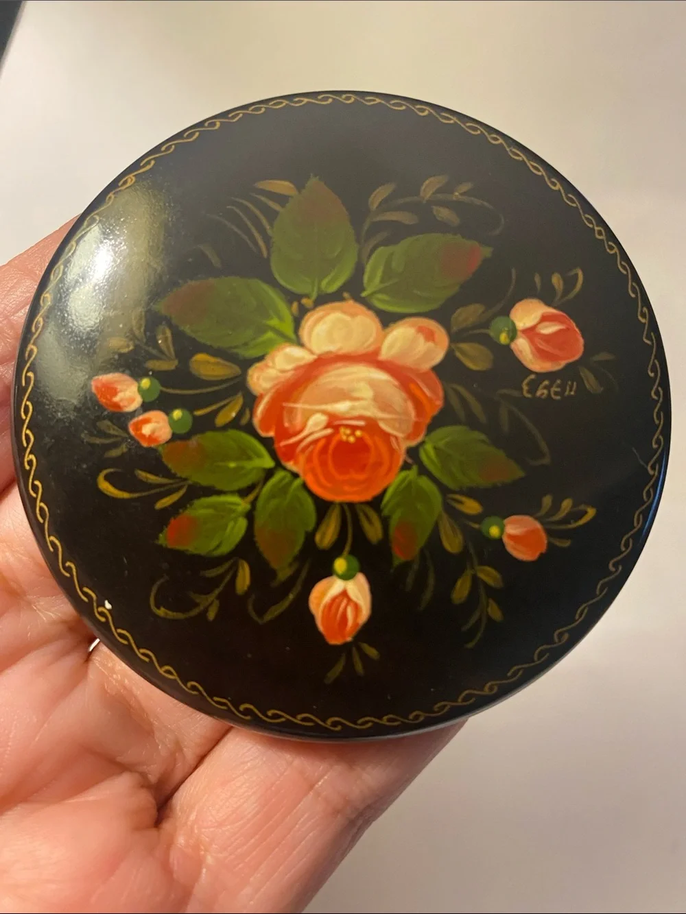 Vintage Russian Hand Painted Black Metal Tin Small Jewelry Trinket Box Floral